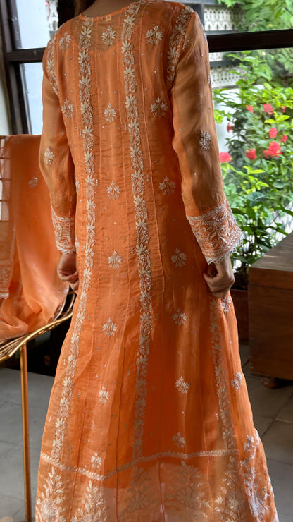 Orange Noor Organza Chikankari Anarkali Kurta With Dupatta