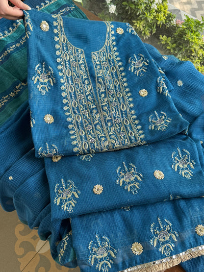 Blue Handloom Kota Chikankari With Mirror Work Unstitched Kurta Dupatta Set
