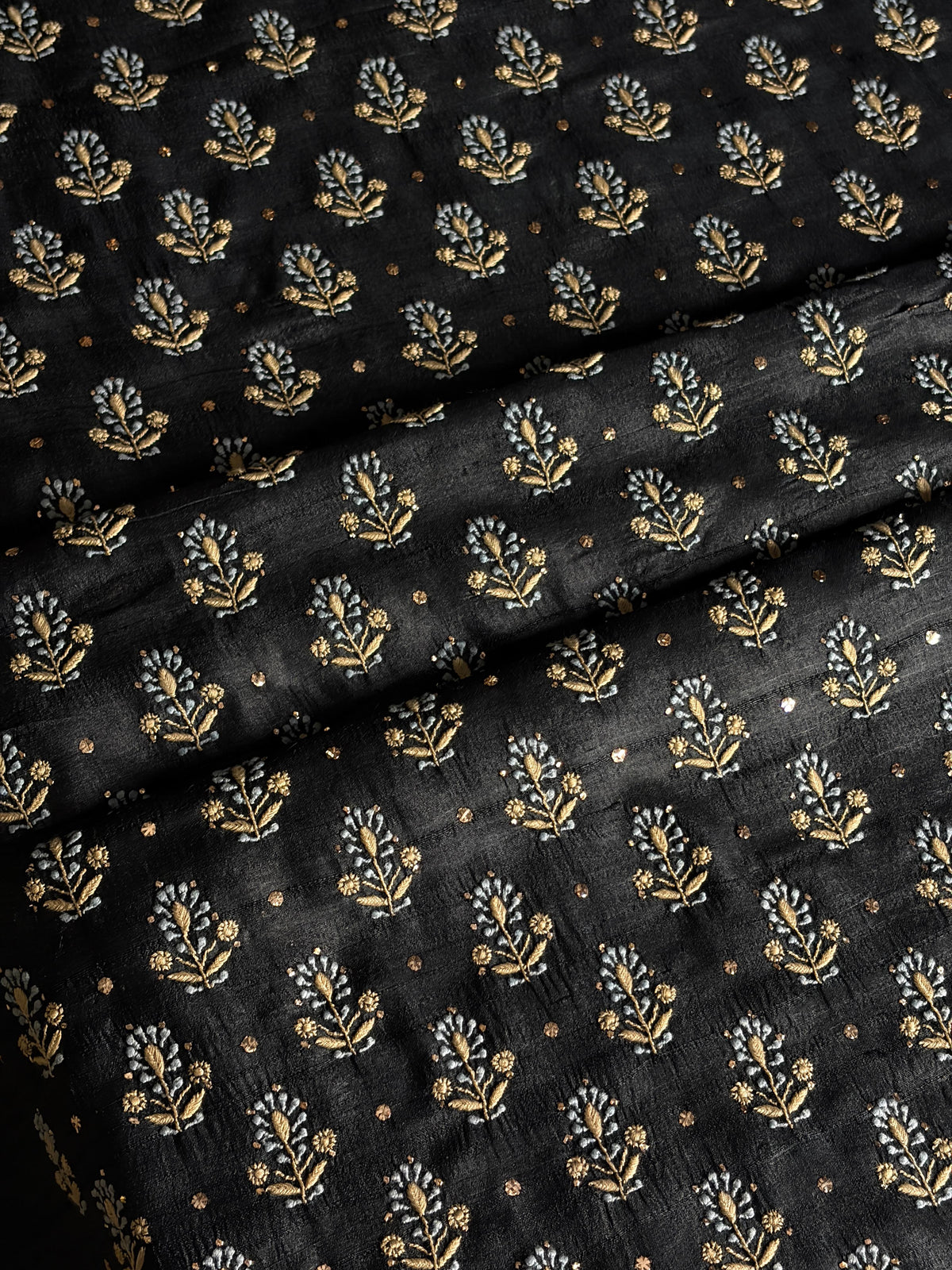 Black Shade Roheen Tussar Silk Chikankari Fabric