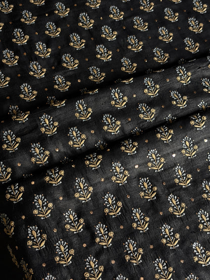 Black Shade Roheen Tussar Silk Chikankari Fabric