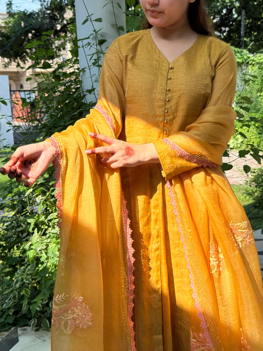 Mustard Yellow Tissue Silk Dagla Kurta Set