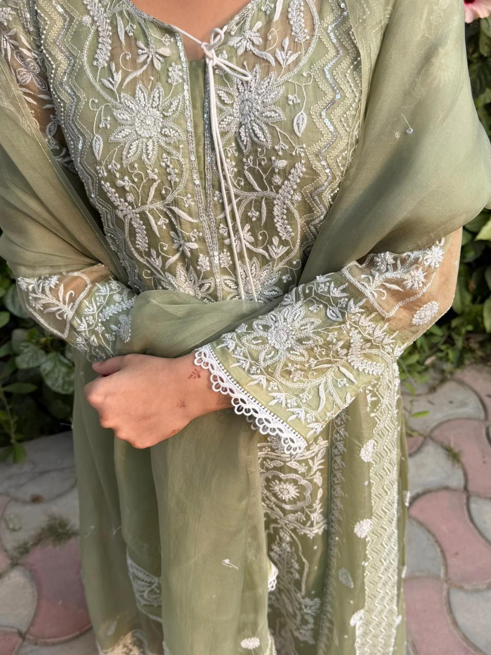 Green Noor Organza Chikankari Anarkali Kurta With Dupatta