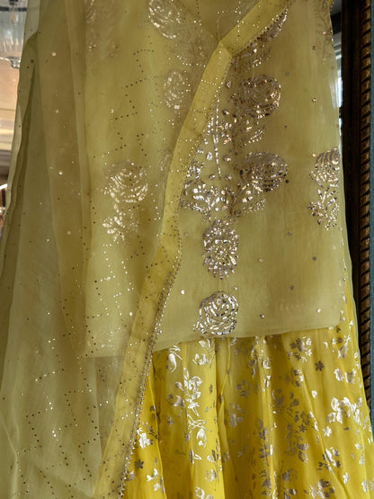 Light Yellow Foil Print Organza Chikankari Sharara Set