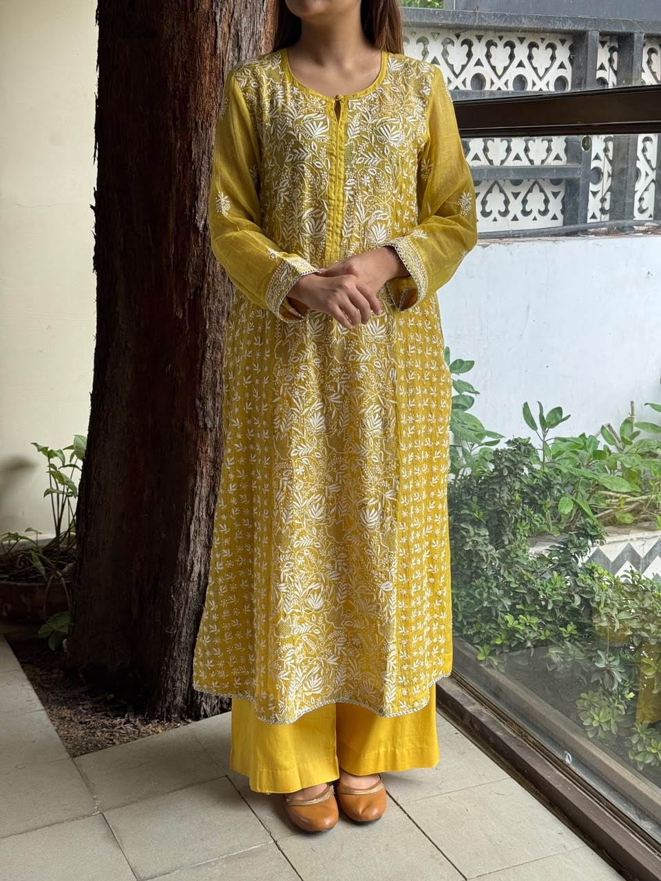 Yellow Tissue Silk Chikankari Straight Cut Kurta Dupatta Set