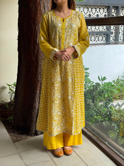 Yellow Tissue Silk Chikankari Straight Cut Kurta Dupatta Set