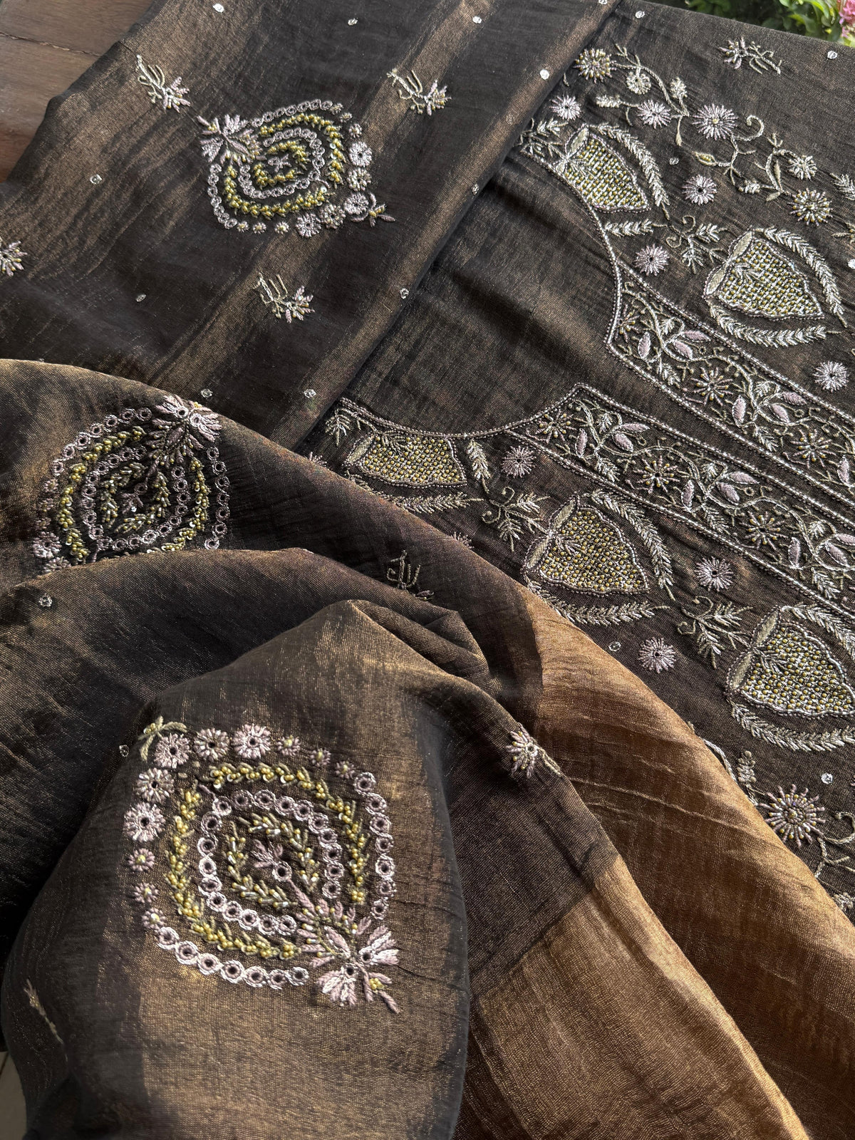 Goldish Black Shade Tissue Silk Chikankari Unstitched Fabric