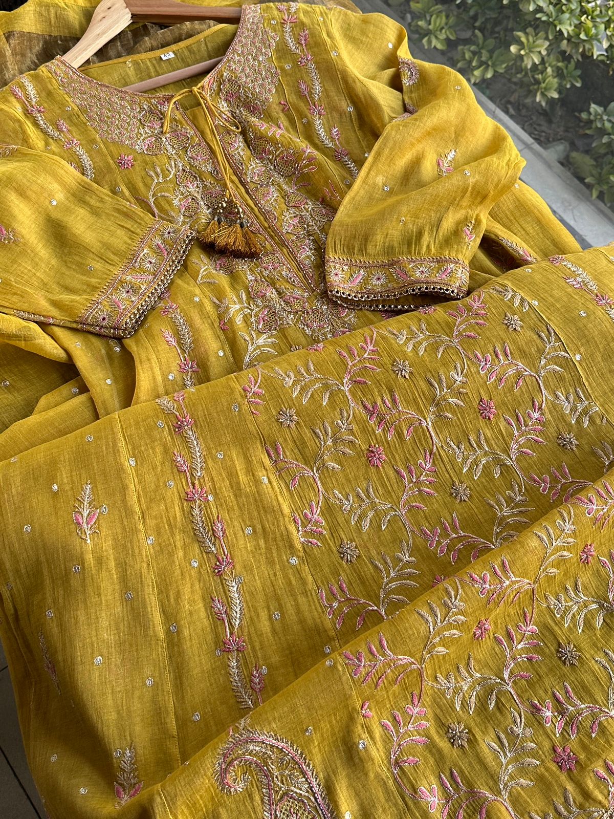 Yellow Shade Tissue Silk Chikankari Anarkali With Ari Work