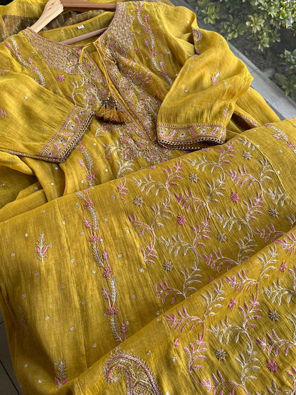 Yellow Shade Tissue Silk Chikankari Anarkali With Ari Work