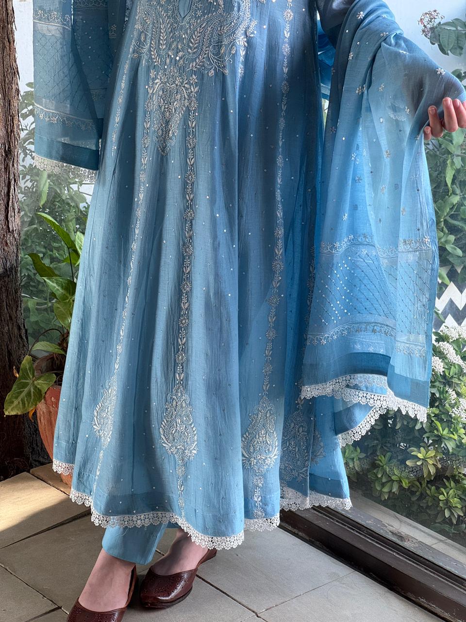 Powder Blue Shade Malmal Pearl Work Chikankari Anarkali