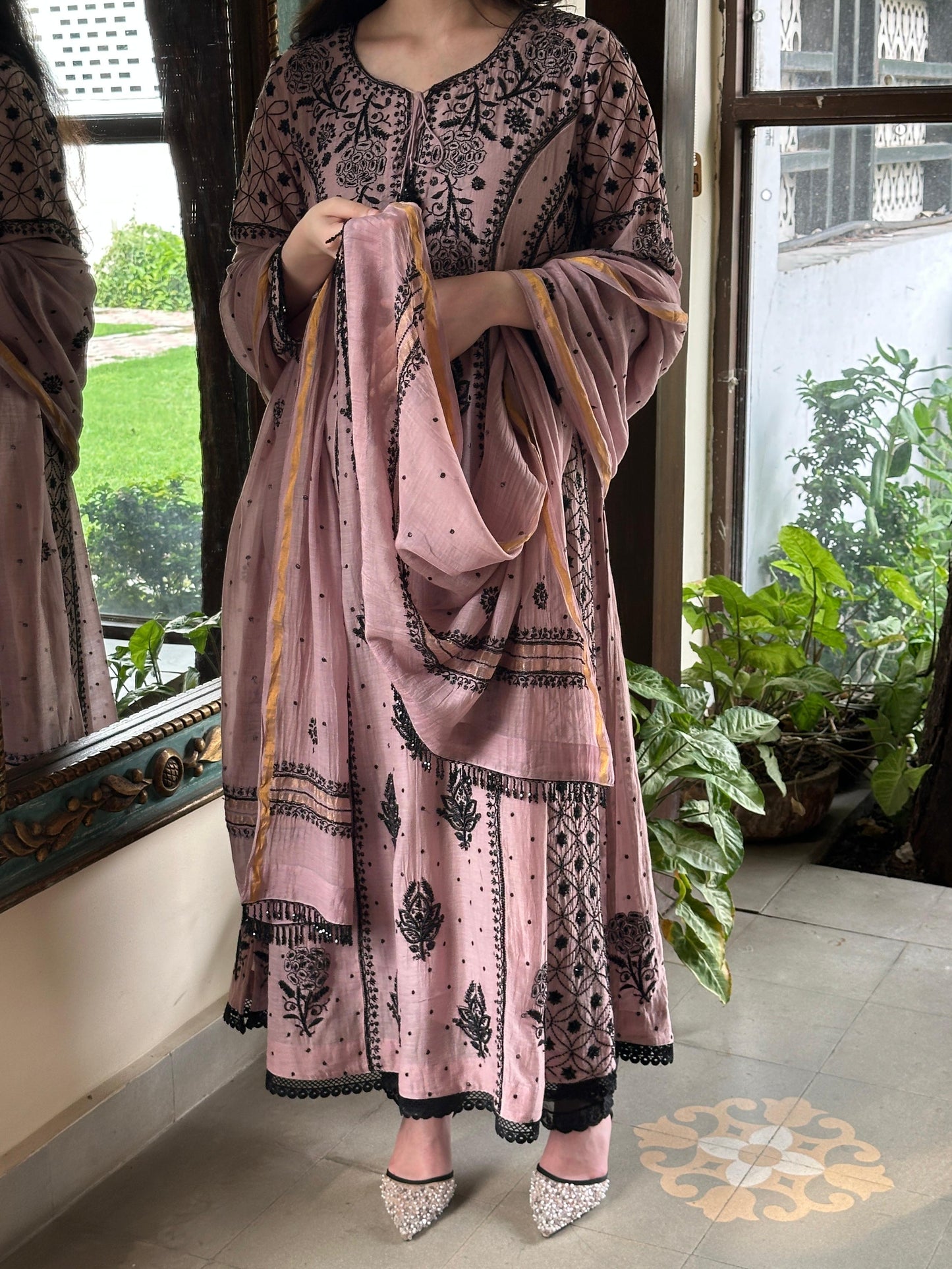 Plum Black Shade Malmal Pearl Work Chikankari Anarkali