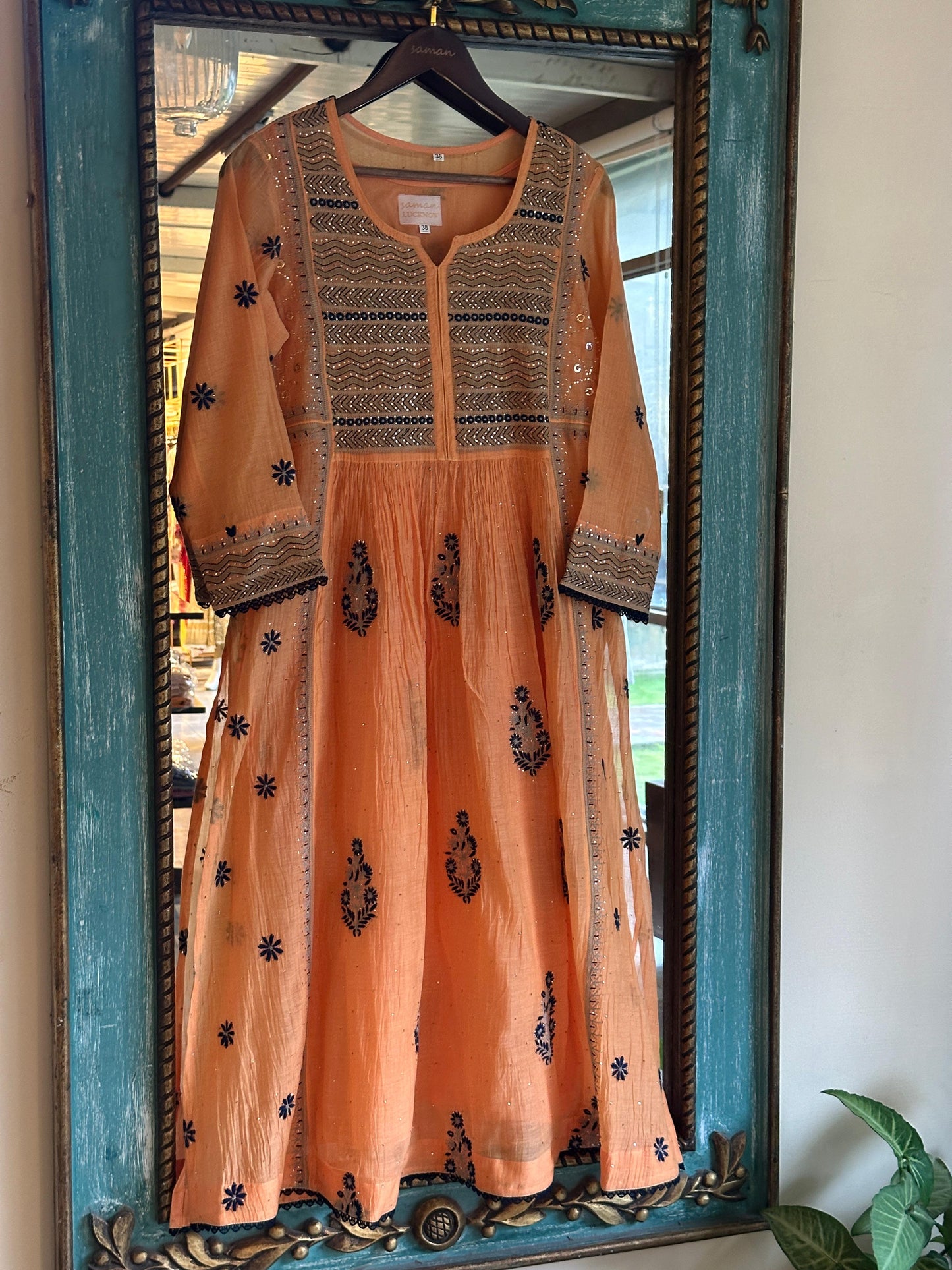 Orange Blue Malmal Mukaish Kamdani Chikankari Stitched Kurta Dupatta Set