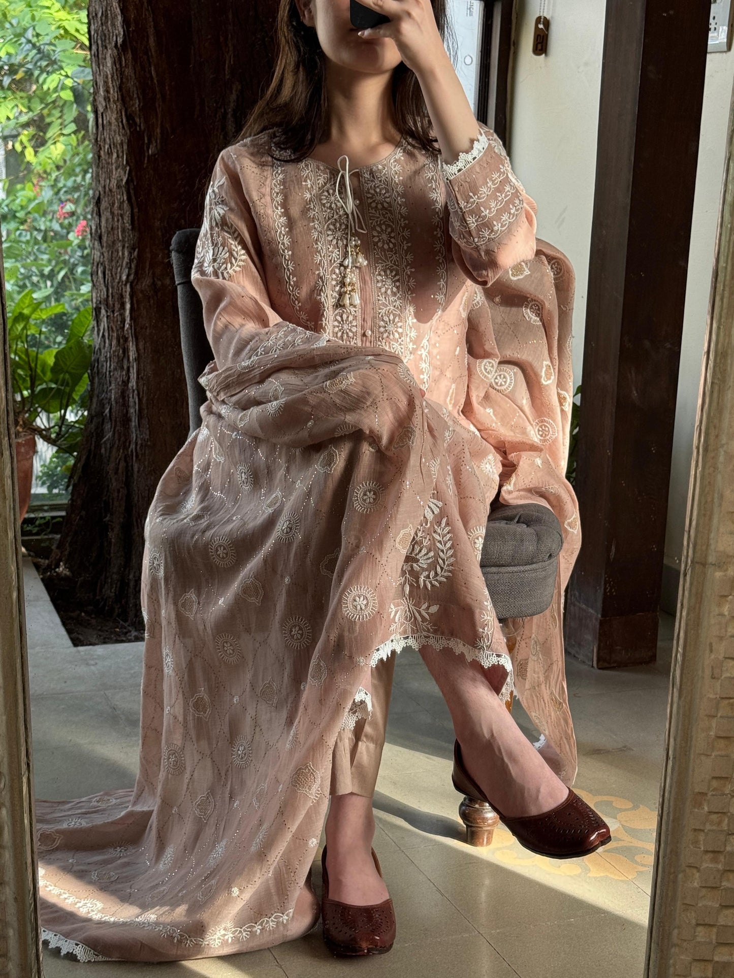 Nude Rose Mul Chanderi Mukaish Kamdani Chikankari Kurta Dupatta Set