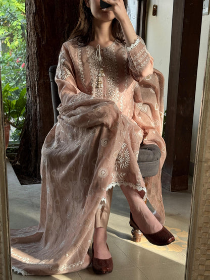 Nude Rose Mul Chanderi Mukaish Kamdani Chikankari Kurta Dupatta Set