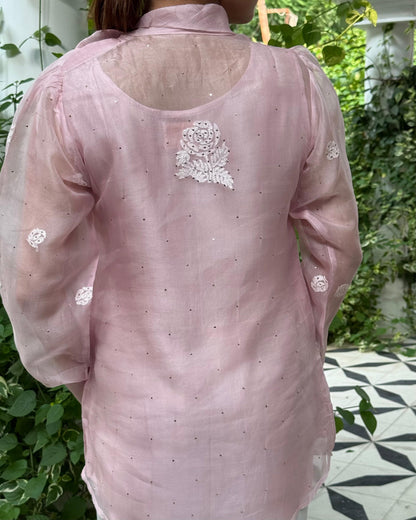 Baby Pink Noor Organza Resham Chikankari Short Top With Bow Tie