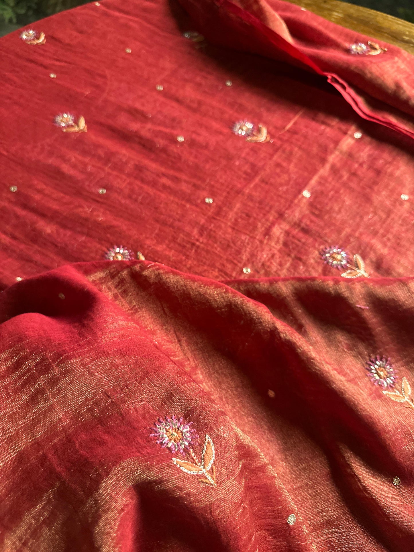 Red Tissue Silk Chikankari Unstitched Fabrics