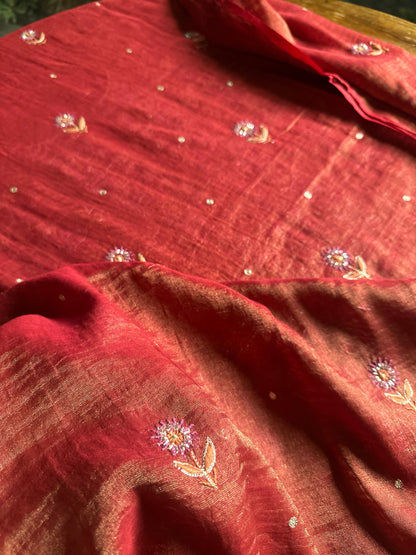 Red Tissue Silk Chikankari Unstitched Fabrics