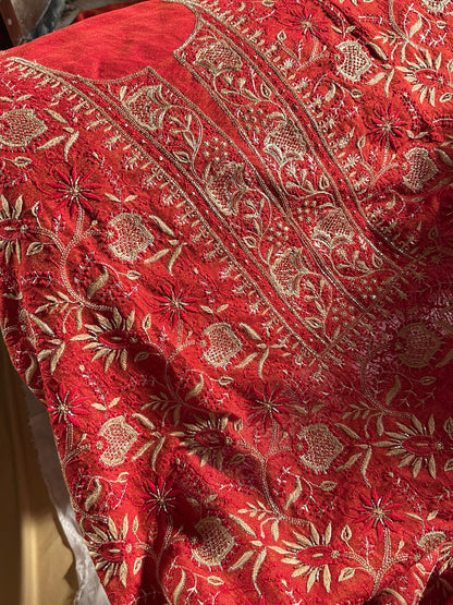 Red Tissue Silk Chikankari Unstitched Fabric