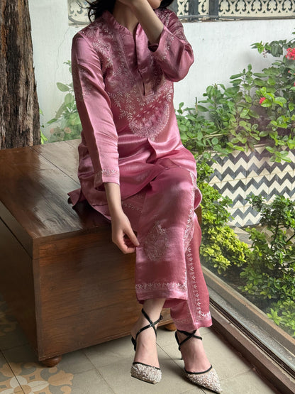 Deep Blush Pink Satin Shimmer Chikankari Co-Ord Set