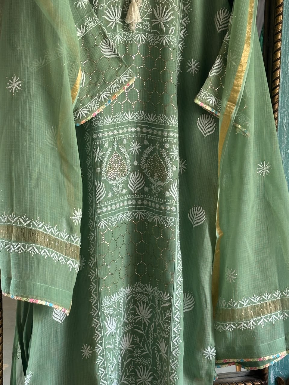 Green Shade Kota Applique Chikankari Kurta Dupatta Set