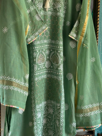 Green Shade Kota Applique Chikankari Kurta Dupatta Set