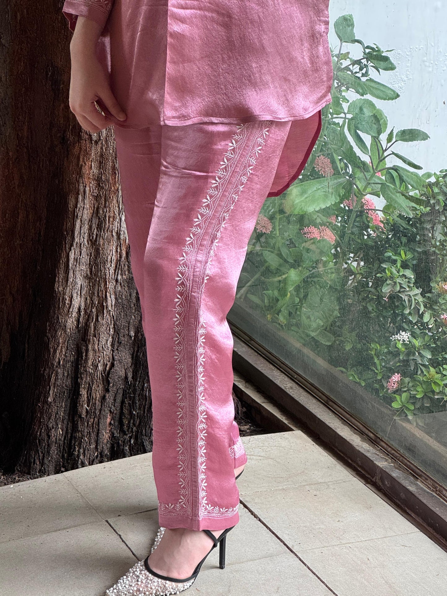 Deep Blush Pink Satin Shimmer Chikankari Co-Ord Set