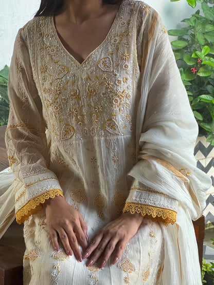 Off White & Yellow Malmal Pearl Work Chikankari Kalidar Kurta Set