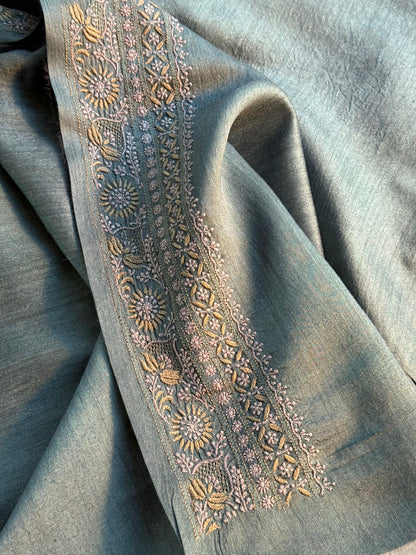 Mint Green Moonga Silk Chikankari Men’s Kurta Fabrics
