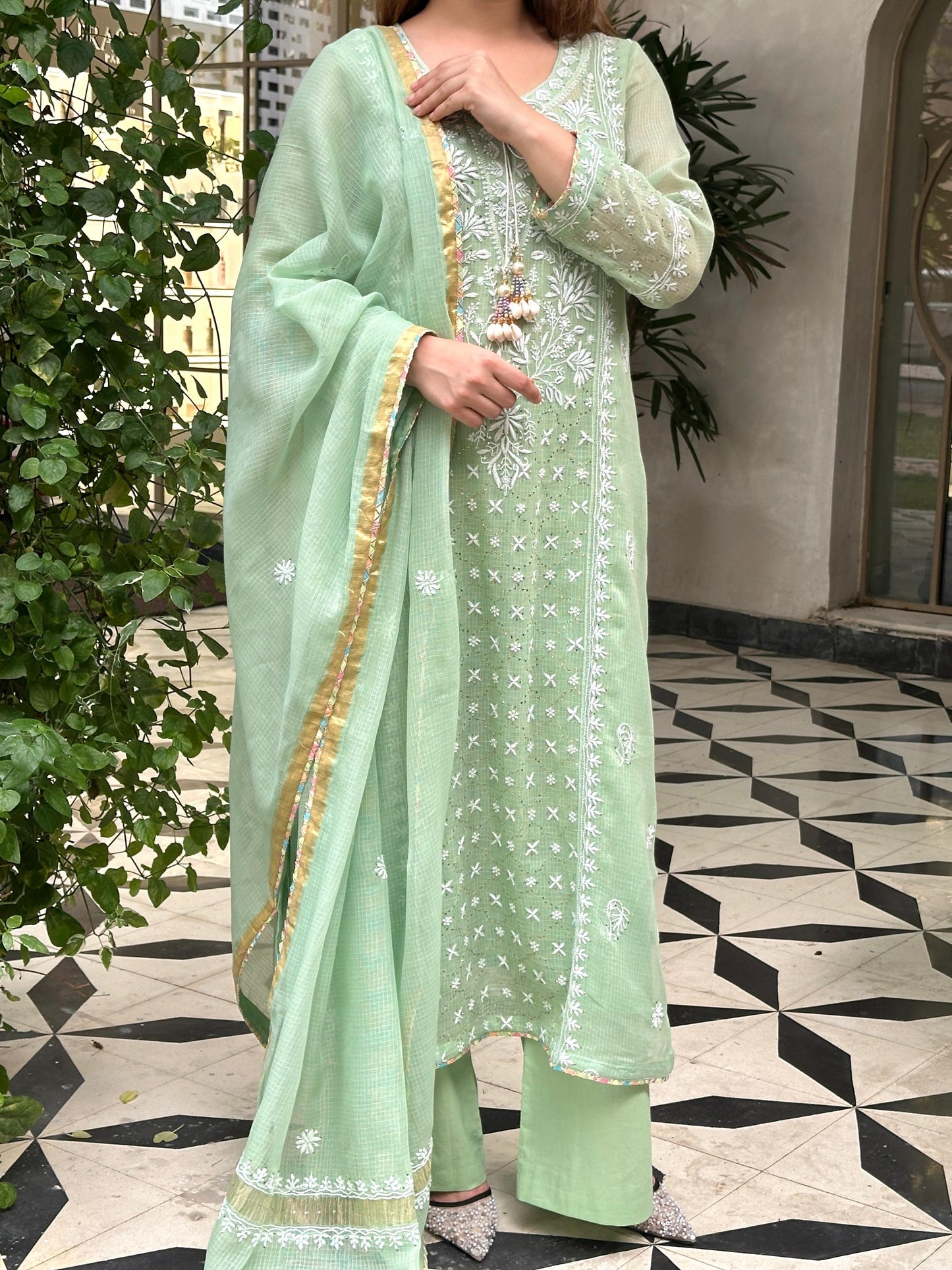 Green Shade Kota Applique Chikankari Kurta Dupatta Set