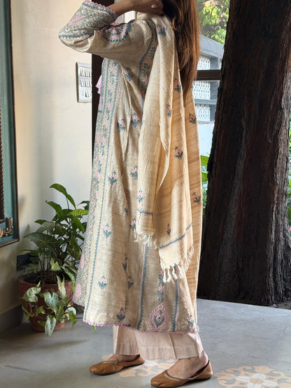 Basak Pink & Blue Natural Tussar Silk Kalidar Chikankari Kurta Set
