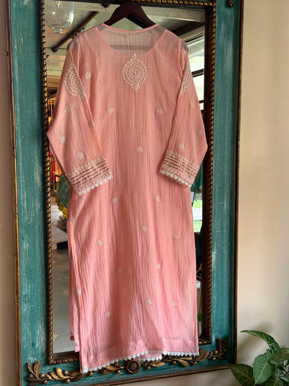 Peach Mal Heavy Chikankari Yoke Kurta Set with Kamdani Mukaish