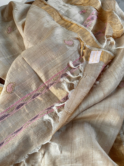Natural Shade Tussar Silk Chikankari Fabric