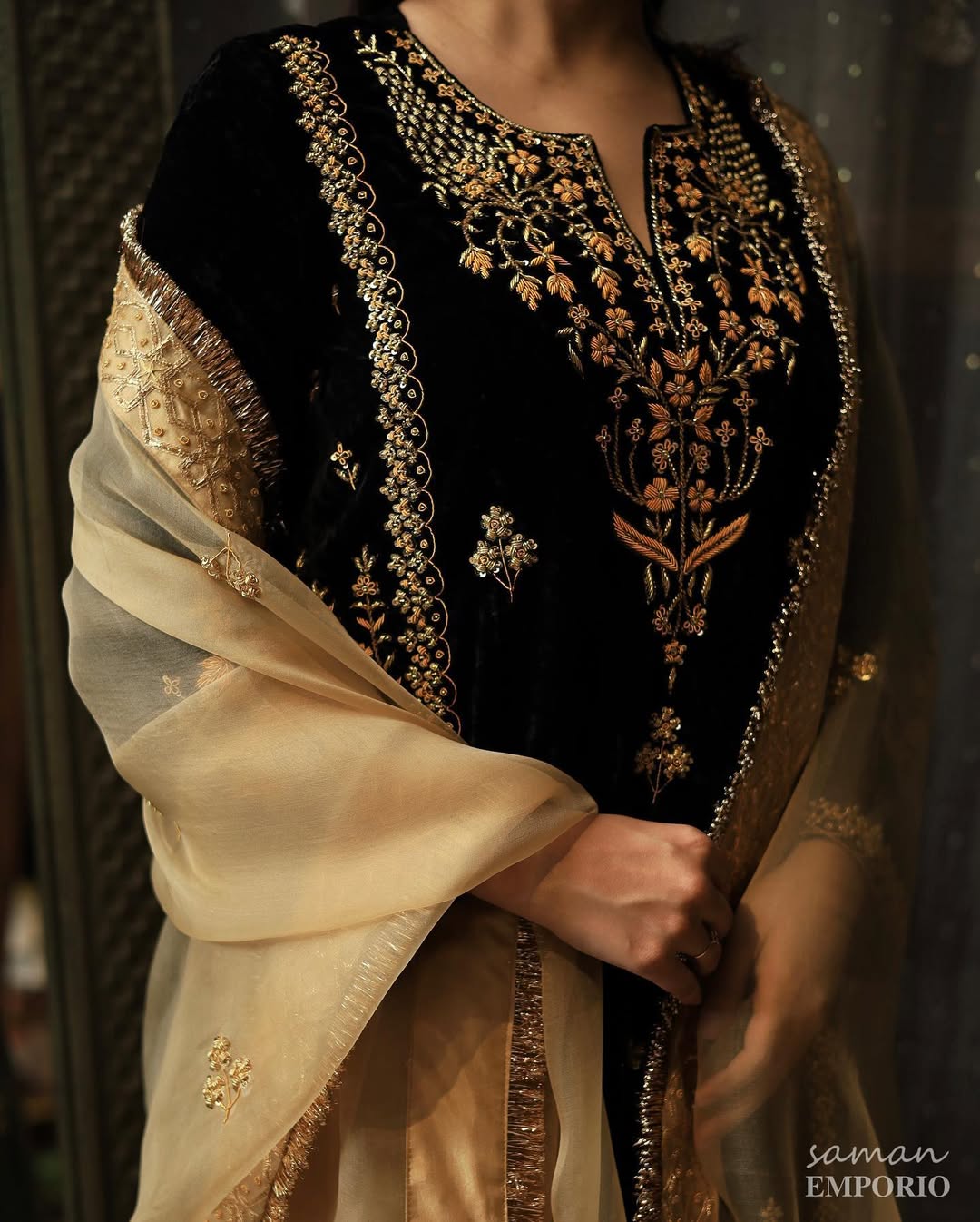 Jet Black Shade | Saman Velvet Ready To Wear Kurta Set