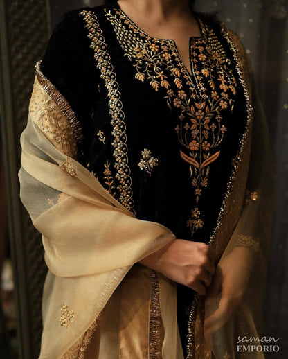 Jet Black Shade | Saman Velvet Ready To Wear Kurta Set