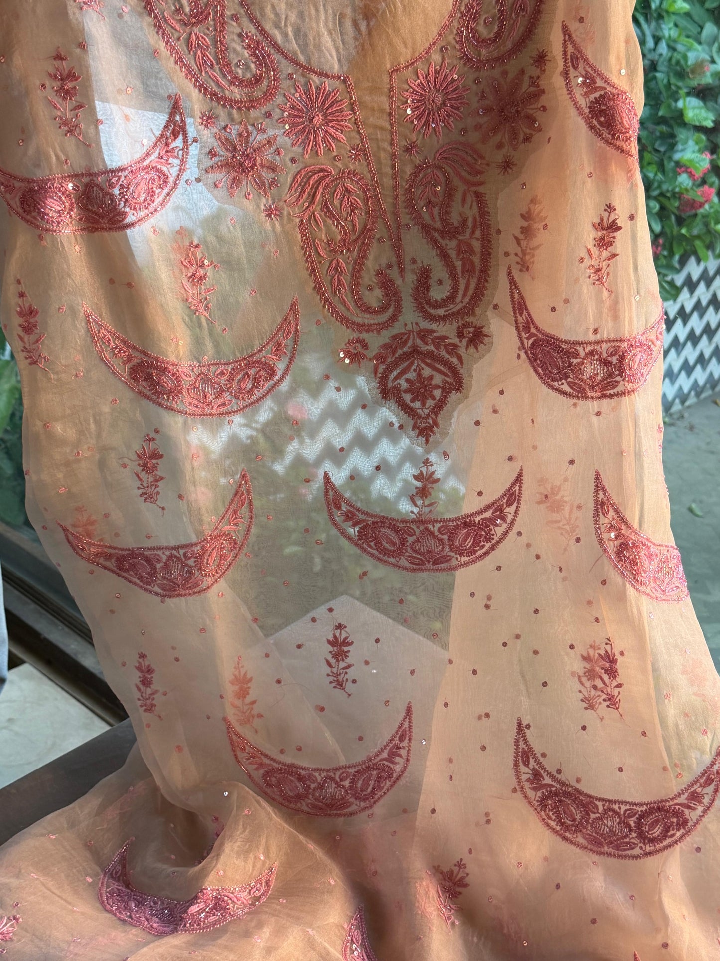 Beige & Pink Noor Organza Silk Chikankari Unstitched Kurta Dupatta Set