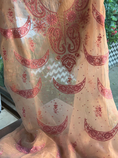Beige & Pink Noor Organza Silk Chikankari Unstitched Kurta Dupatta Set