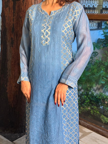 Blue Shade Zari Chanderi Chikankari Ready to Wear Tunics