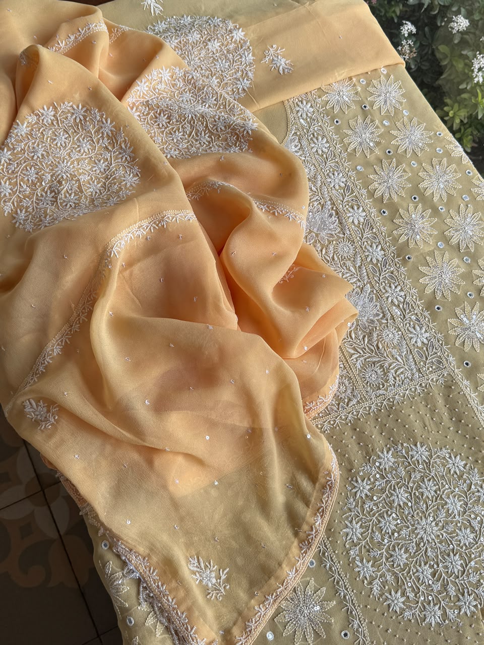 Melon Yellow shade Georgette Mirror Work Chikankari Kurta Dupatta Set