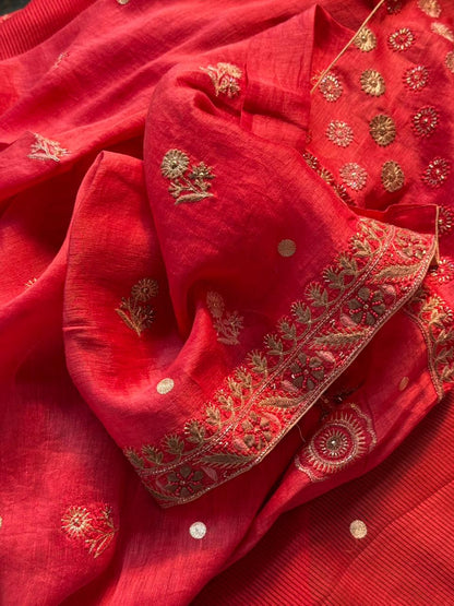 Brick Red Linen Silk Chikankari With Ari Work Unstitched Kurta Dupatta Set