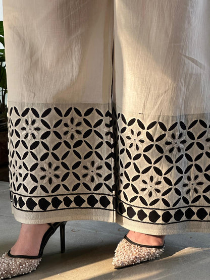 White & Black Floral Daraz Chikankari Palazzo