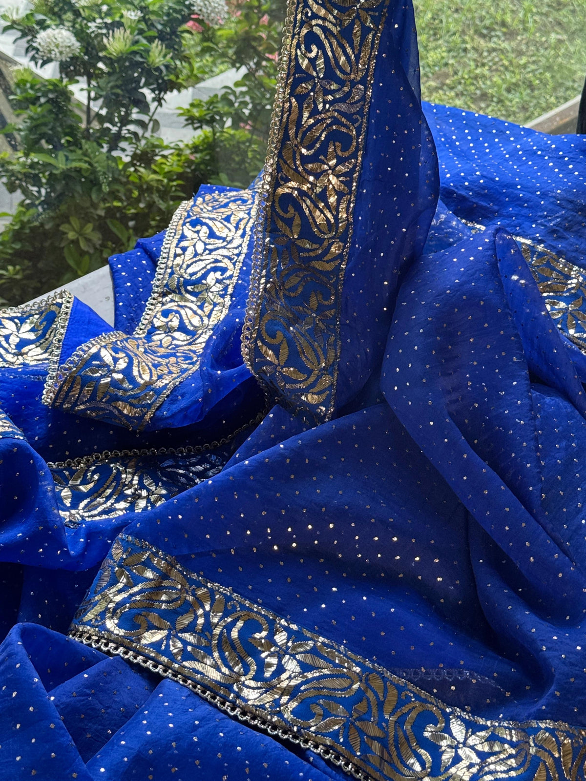 Royal Blue Shade Mukaish Lakh Dana Saree With Blouse