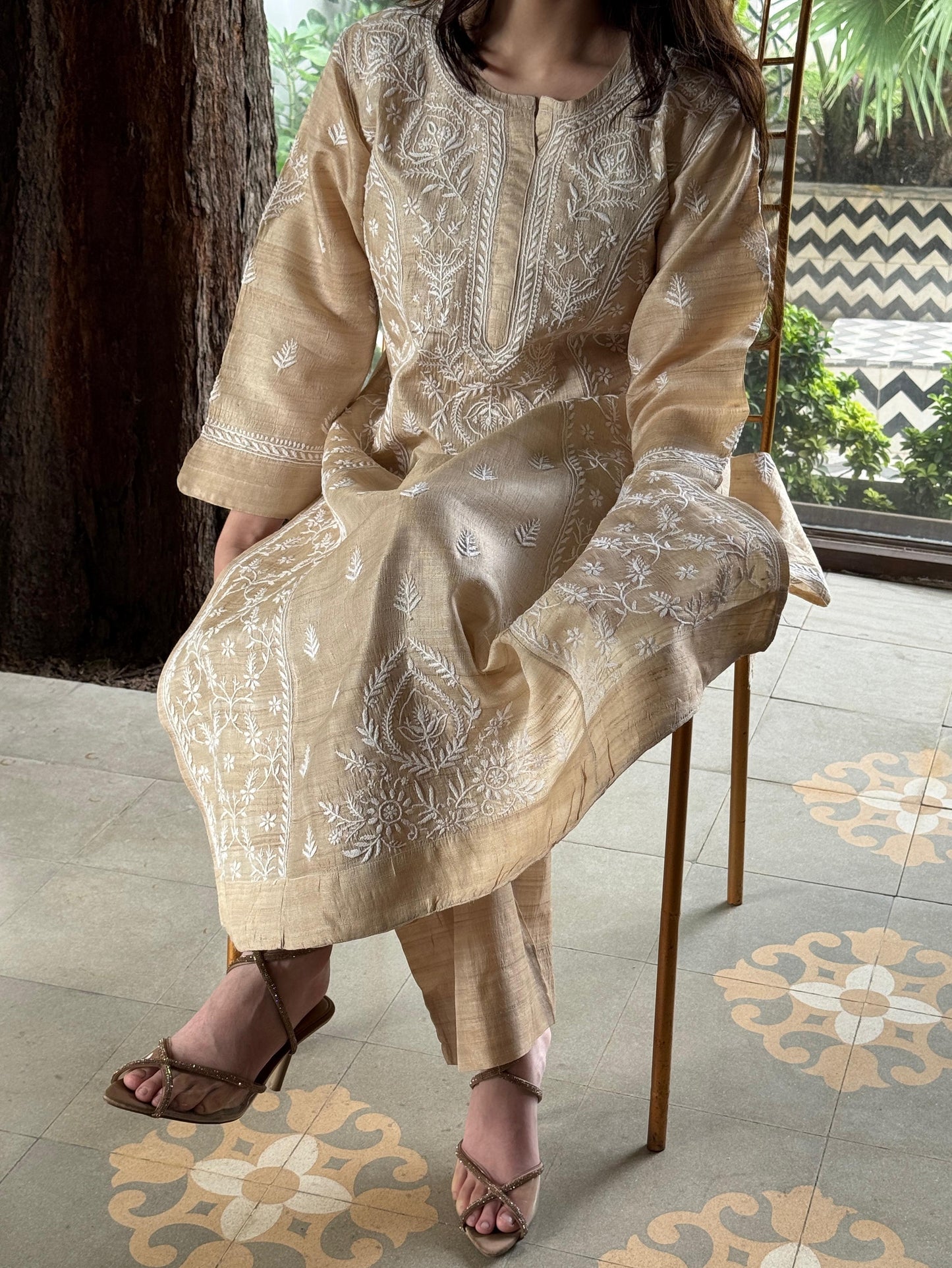 Natural Beige Chikankari Ready to Wear Kurta