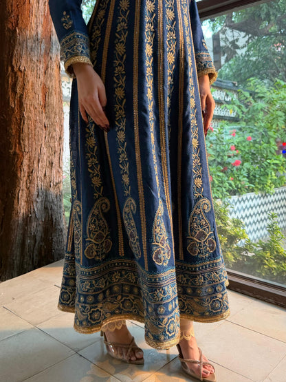 Roheen Blue Moonga Silk Chikankari Anarkali With Dupatta