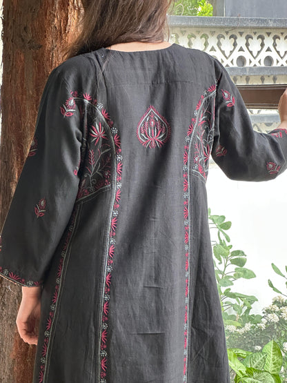 Black Handspun Malkha Chikankari Panel Tunic