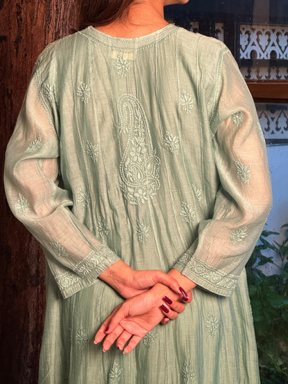 Sea Green Zari Chanderi Chikankari A Line Kurta with Slip