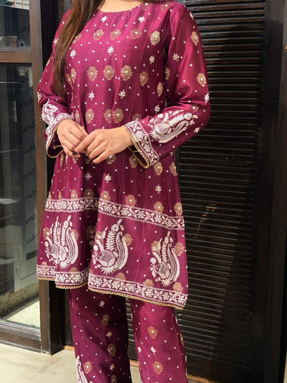Plum Purple Zari Chanderi Chikankari Co-Ord Set