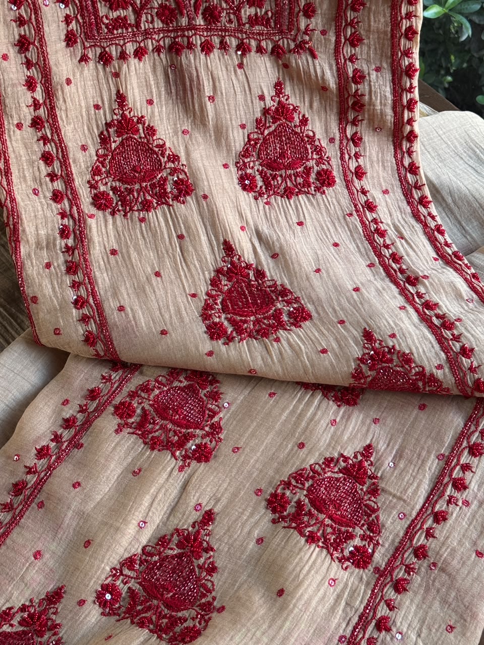 Beige & Red Mal Chanderi Silk Chikankari With Sequins Unstitched Kurta Dupatta Set