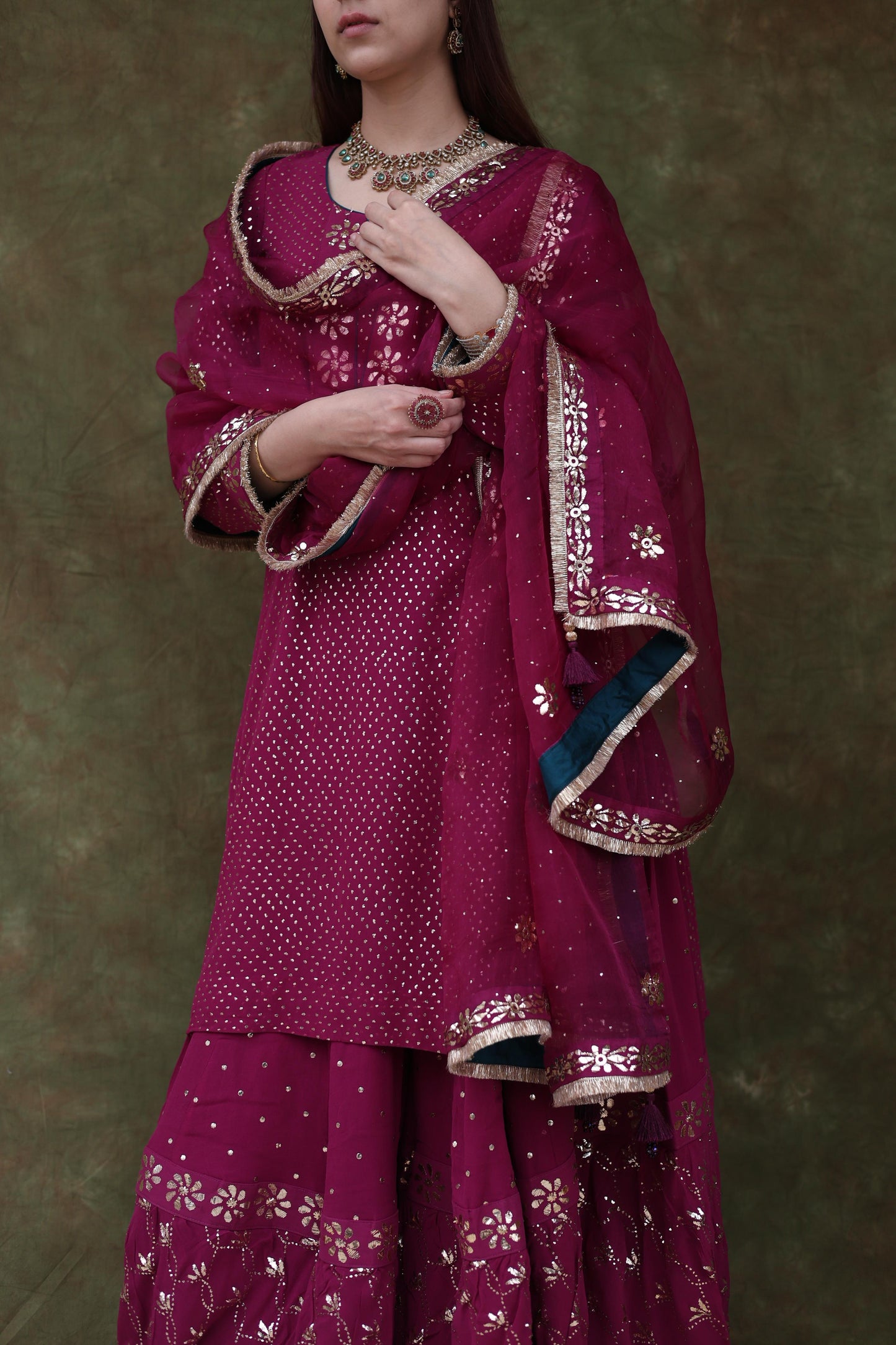 Mukaish Kamdani Plum shade Pure Georgette Kurta Gharara Set with Organza Dupatta