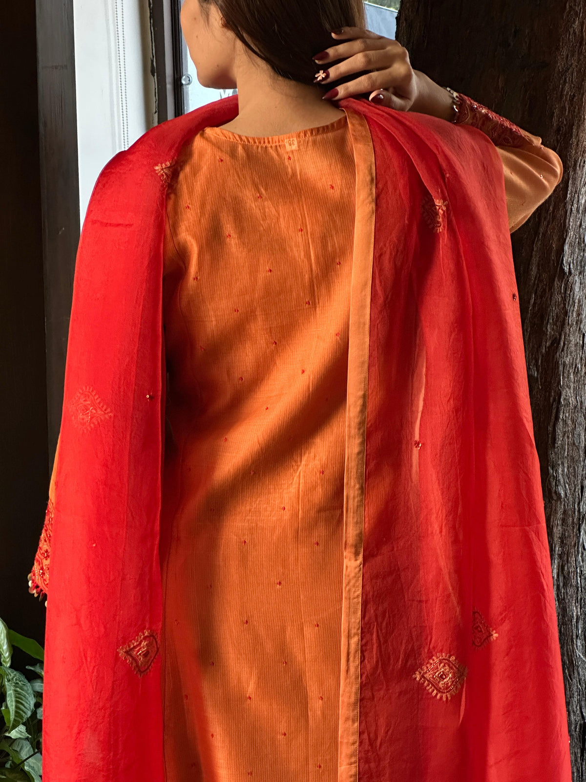 Rust Orange Sico (Silk Cotton) Chikankari Tux Kurta Set