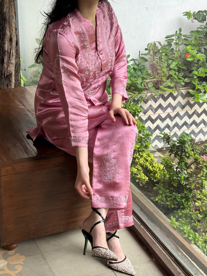 Deep Blush Pink Satin Shimmer Chikankari Co-Ord Set
