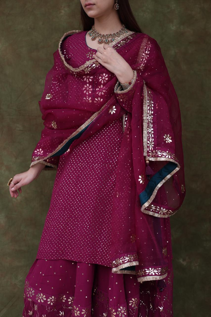 Mukaish Kamdani Plum shade Pure Georgette Kurta Gharara Set with Organza Dupatta